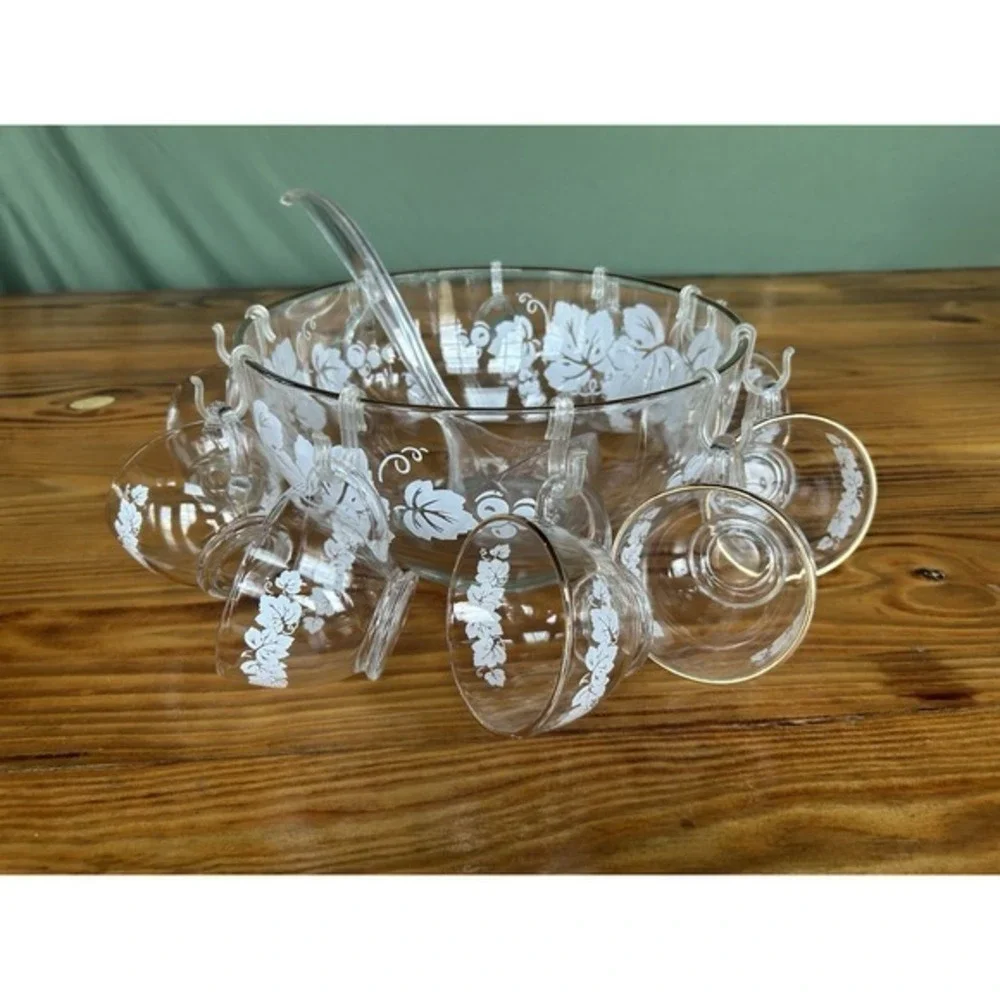 22-PC Vintage Anchor Hocking White Grapes Gold Trim Punchbowl Cups Hangers Ladle
